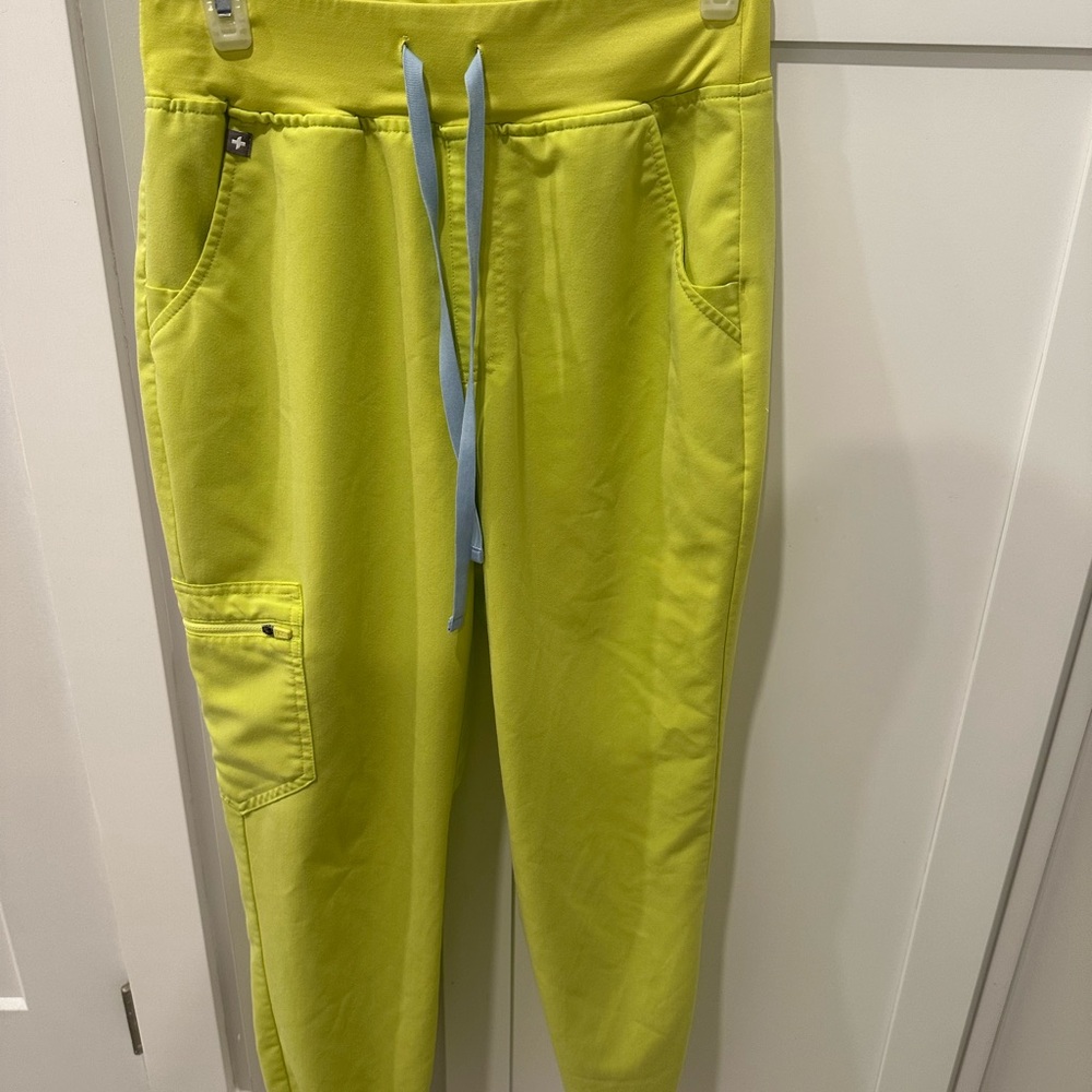 Figs Women's Pants in Bright Yellow with Blue Drawstring
